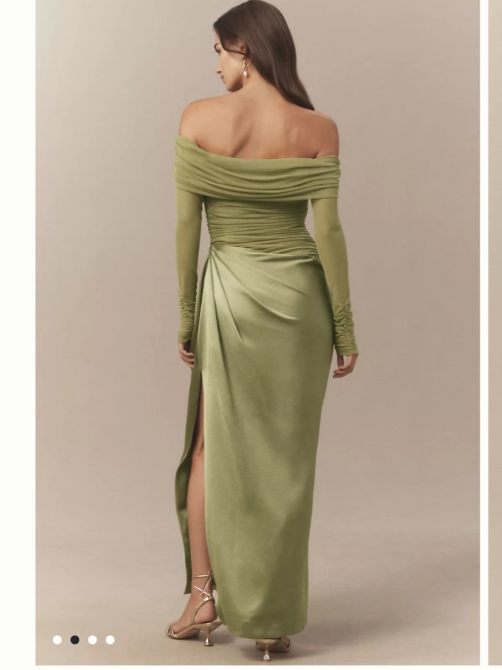 BHLDN Olive Sage Off-the-Shoulder Satin Gown